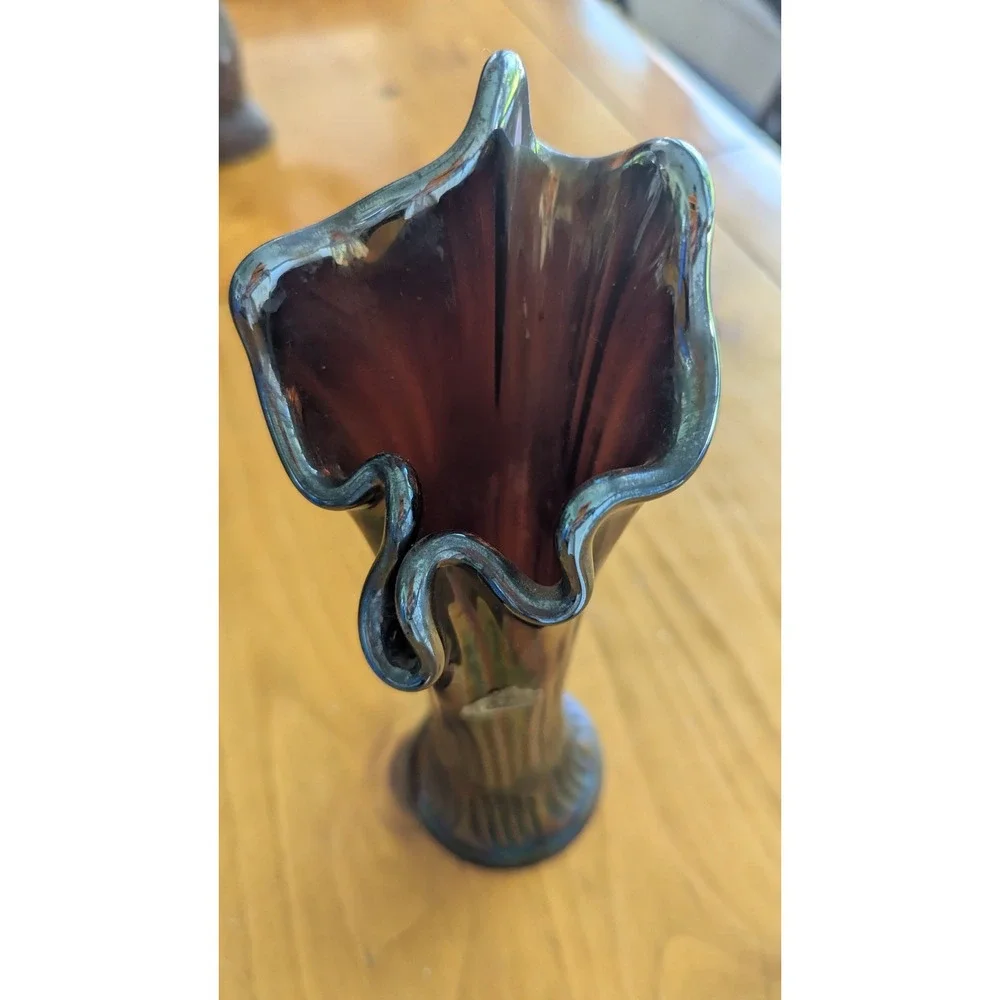 Fenton Amethyst Iridescent Carnival Glass Swung Bud Vase‎ Ruffled Rim 12 inch